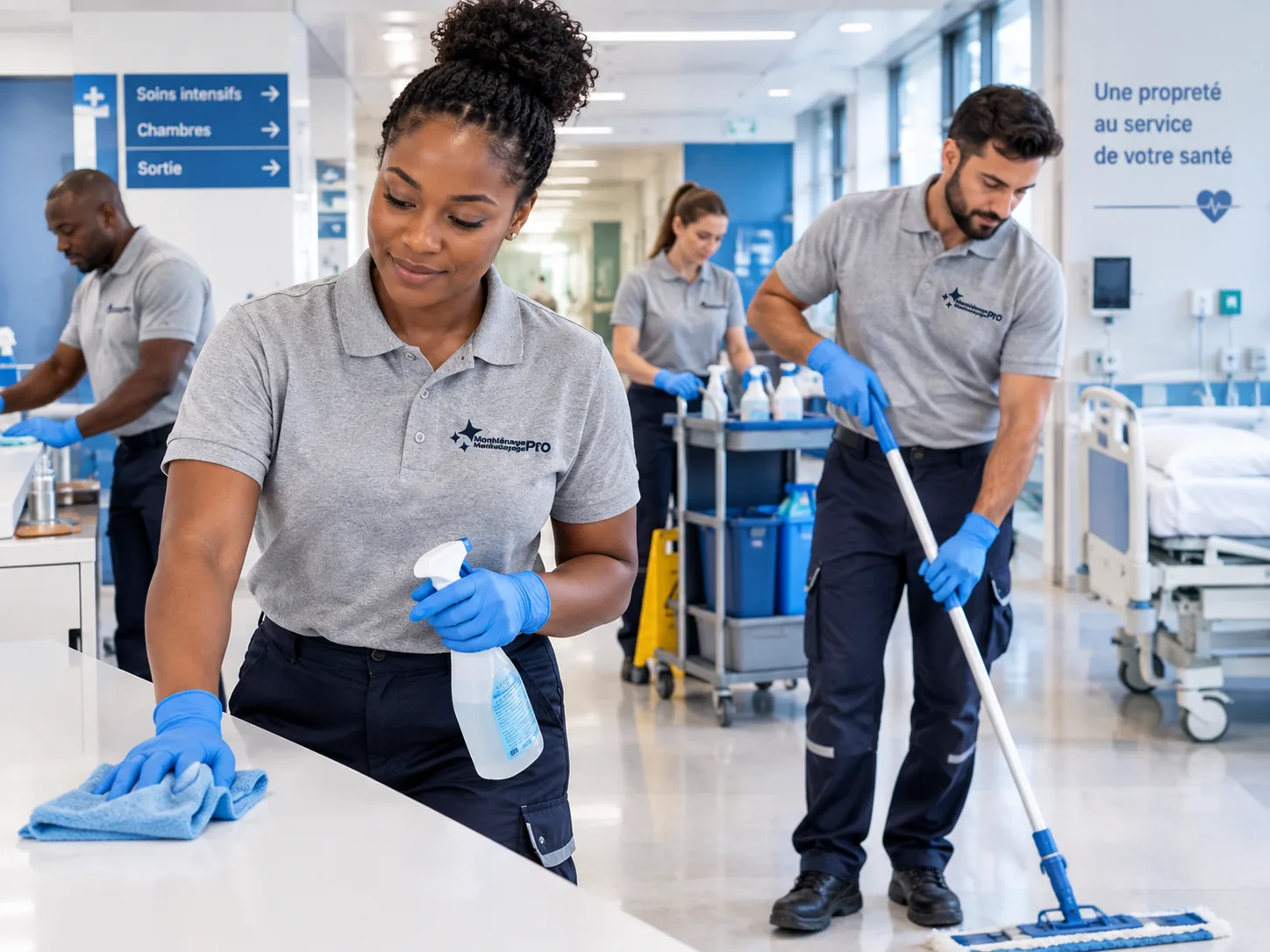 MonMénagePro cleaning staff in a hospital corridor
